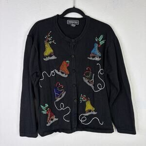 Christmas Beaded Ice Skates Cardigan XL, Vtge Terazzo Cotton Blend Black, RARE